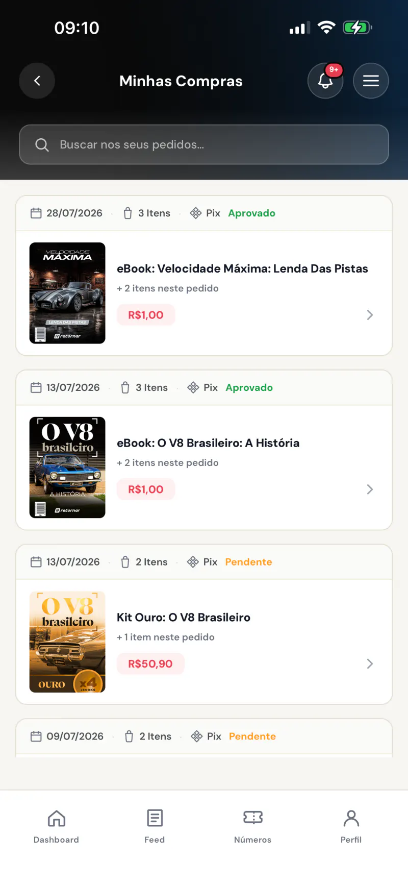 Lista dos eBooks adquiridos no app Retornar, prontos para leitura