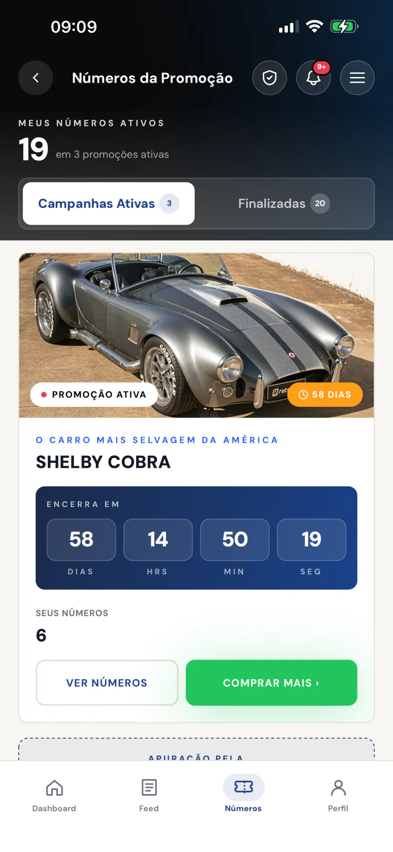 Contagem regressiva do sorteio da campanha Shelby Cobra no app