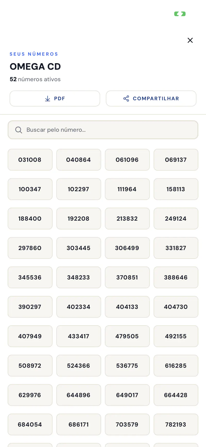 Lista completa de números da sorte no app, com busca, PDF e compartilhar