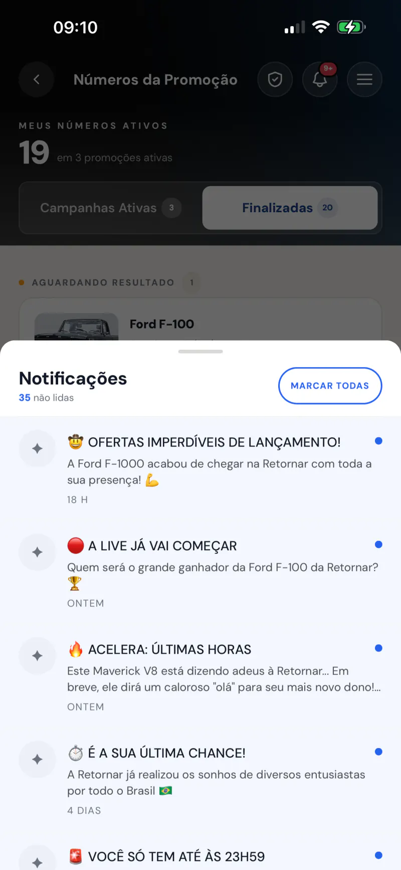 Tela de notificações do app Retornar avisando sobre a live e o resultado