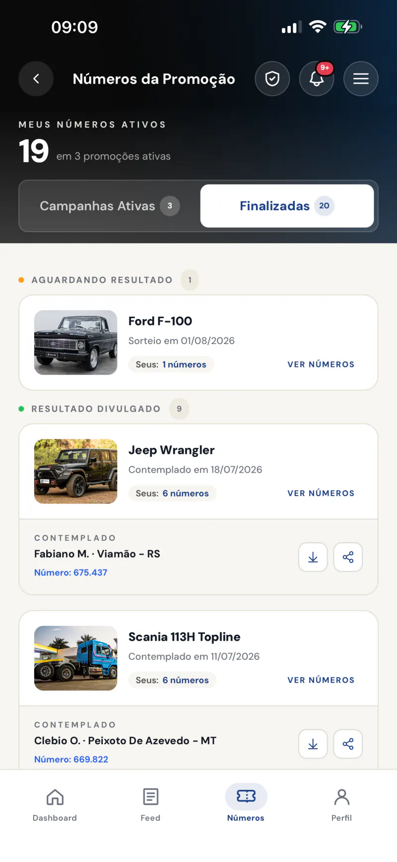 Resultado do sorteio no app, com o contemplado e o comprovante em PDF